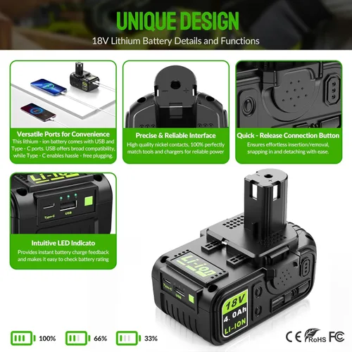 Miniatura 2 de Abeden Repuesto para batería Ryobi de 18 V, 1 paquete P108 de 4.0 Ah de alto rendimiento compatible con herramientas y cargadores ONE+ de 225+ 18V