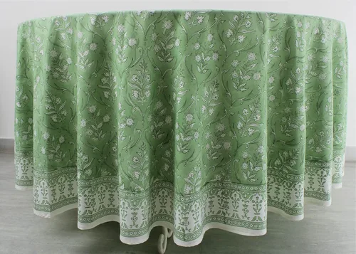 Miniatura 6 de Ridhi Mantel redondo con estampado de bloque a mano, 100% algodón, reutilizable, color verde pera de 132 pulgadas, mantel decorativo para uso diario