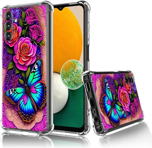 Miniatura 2 de Samsung Galaxy A14 5G - Funda para teléfono celular, diseño de flores de mariposa azul, a prueba de golpes, TPU con bordes elevados, compatible