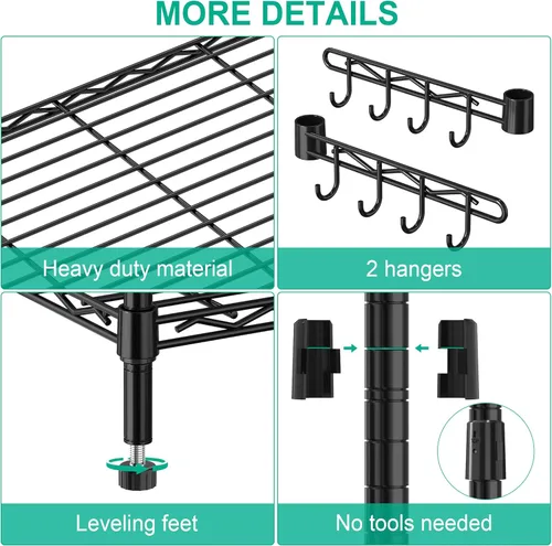 Miniatura 6 de Folews Estantes de almacenamiento de 5 niveles con ruedas – Estantería de alambre ajustable, estantes de metal para almacenamiento, estante