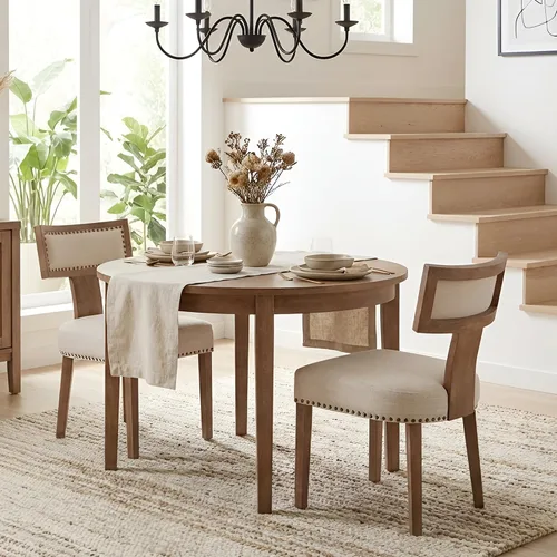 Miniatura 30 de HNY Juego de 6 sillas de comedor de ratán de estilo de mediados de siglo, silla de acento tapizada en lino de estilo granja con respaldo curvo