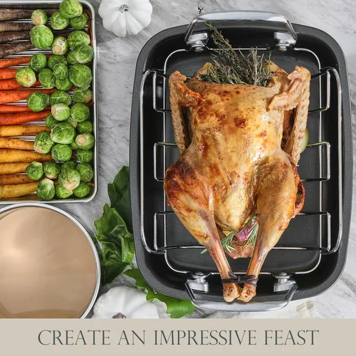 Miniatura 4 de KITESSENSU Sartén antiadherente para asar pavos con estante de 17 x 14 pulgadas, sartén grande para asar pollo para horno, asas más anchas