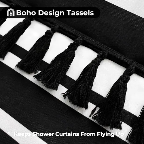 Miniatura 5 de Seasonwood Cortina de ducha en blanco y negro, cortina de ducha a rayas para baño, cortinas de ducha bohemias con borlas, cortinas de baño modernas