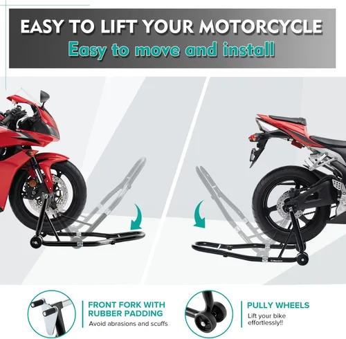Miniatura 5 de Soporte para rueda delantera y trasera de motocicleta (850 lb), soporte de elevación de brazo oscilante, color negro, U+L