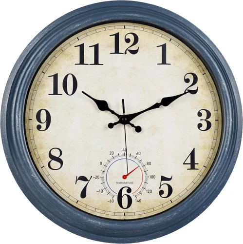 Miniatura 14 de Relojes para exteriores impermeables con termómetro, reloj de pared costero rústico para patio, piscina, jardín (12 pulgadas, azul)