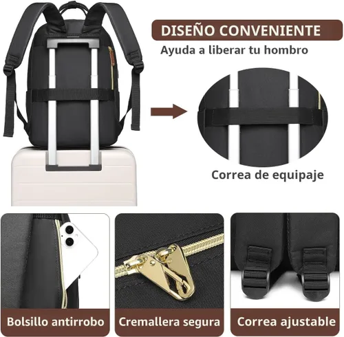 Miniatura 5 de Mochila para laptop para mujer, mochila de viaje de trabajo de 15.6 pulgadas con cargador USB, mochila universitaria impermeable, mochila