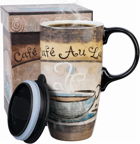 A Ting taza alta de viaje de cerámica de 17 onzas Tapa sellada con caja de regalo, Cafe