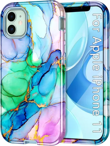Miniatura 12 de CASEFIV Funda compatible con iPhone 11, patrón de mármol 3 en 1, resistente a prueba de golpes y caídas, cuerpo completo, policarbonato duro