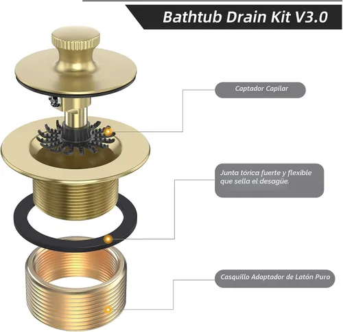 Miniatura 2 de Conjunto de conversión de kit de montaje de drenaje de bañera dorado cepillado, kit de reemplazo de drenaje de bañera con elevación y giro, todo