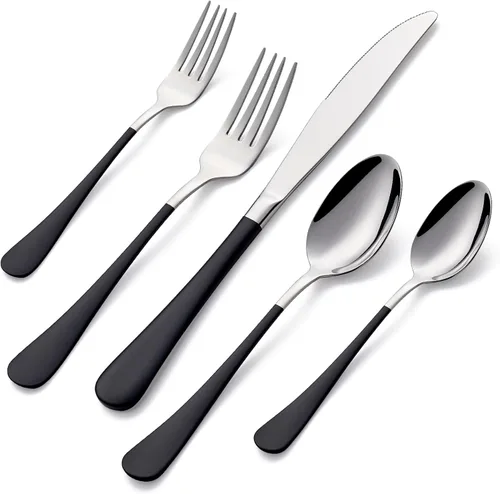 Juego de cubiertos negros de 20 piezas para 4, juego de cubiertos de acero inoxidable con mango negro, incluye tenedores, cucharas y cuchillos,