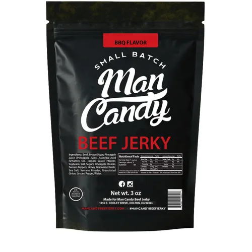 Man Candy - Bocadillo de carne seca con sabor a barbacoa, sabor ahumado y dulce, alta proteína, 3 onzas