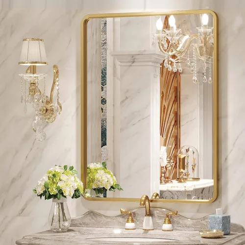 Brightify Espejo de baño dorado para pared, 22 x 30 pulgadas, espejo rectangular con marco de metal dorado, moderno espejo de tocador montado en la