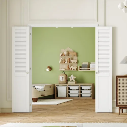 Miniatura 38 de Puerta plegable de 180 grados, para aberturas de 30 ″ x 80 ″, puerta plegable esmerilada blanca 3-Lite con bisagras, juego de herrajes para puertas
