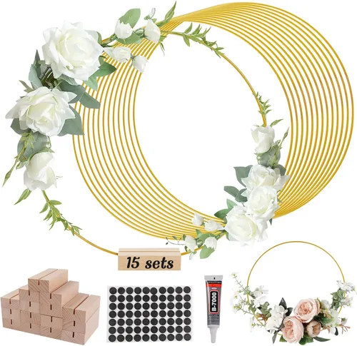 Miniatura 10 de 10 piezas de decoración de mesa de aro floral de metal de 12 pulgadas, anillo de corona de metal con 10 soportes para tarjetas de lugar, anillos