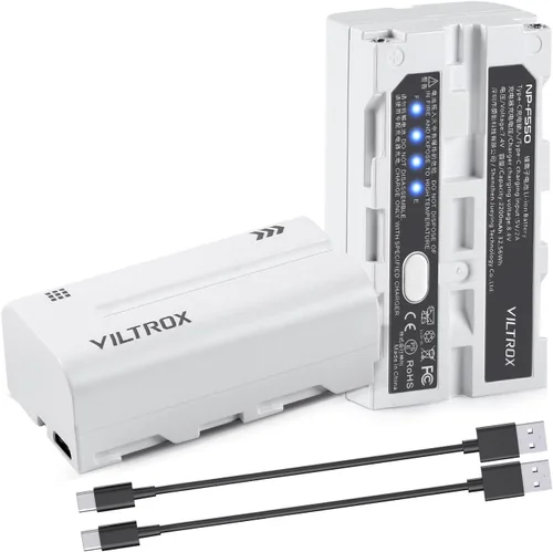VILTROX Paquete de 2 baterías NP-F550, repuesto para Sony NP-F550 F570 F750 F770 F950 F960 F970, compatible con luz LED, monitor/anillo de luz, 2200