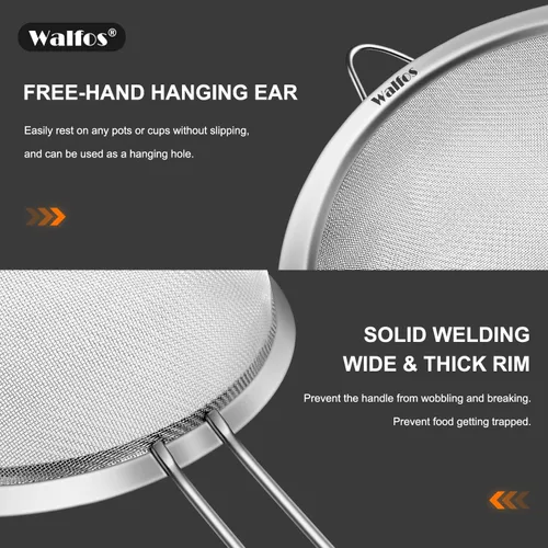 Miniatura 4 de Walfos Colador grande de malla fina de 9.35 pulgadas, tamiz de malla de acero inoxidable 30 con mango resistente, coladores de alimentos de cocina