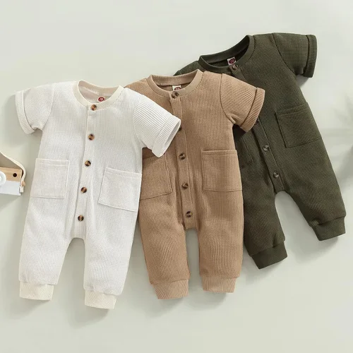 Miniatura 2 de Mubineo Mameluco de manga corta con botones lisos, básicos, para el verano, otoño