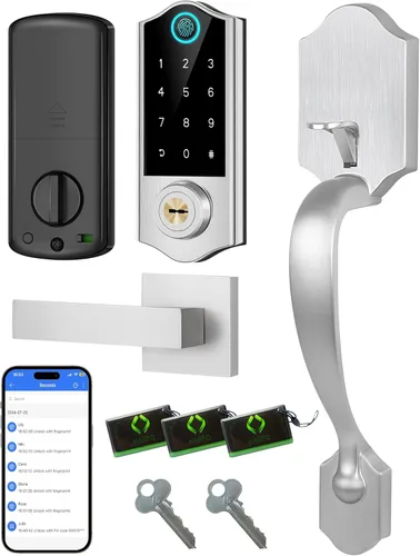 Cerradura Inteligente de Puerta Delantera con Lector de Huellas Dactilares y Manija, Control por Aplicación, Cerradura Sin Llave, Teclado Táctil