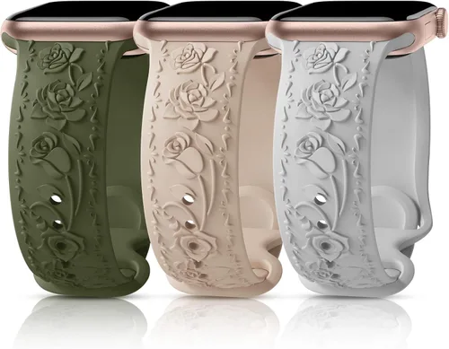 3 Packs Floral Engraved Bands Compatible with Apple Watch Band 40mm 41mm 38mm 42mm 44mm 45mm 49mm for Women, Silicone Cute Embossed Rose Apple Watch