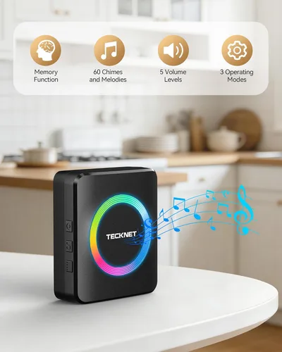 Miniatura 3 de TECKNET Timbre inalámbrico, timbre de puerta de 0 a 120 dB, rango de batería de 1300 pies, timbres de aula IP66 impermeables, 60 campanadas y 5