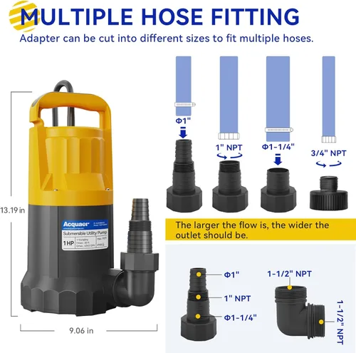 Miniatura 6 de Acquaer Bomba de sumidero 1HP, bomba de agua sumergible de 4345 GPH para eliminación de agua en jacuzzis, piscinas, sótanos y estanques de jardín