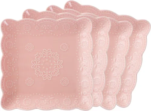 Miniatura 9 de Jusalpha Juego de 4 platos cuadrados de cerámica de encaje en relieve, juego de platos de pasta/ensalada/postre, lavavajillas, microondas, juego