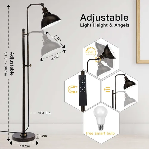 Miniatura 3 de PARTPHONER Lámpara de pie industrial ajustable, lámpara de lectura rústica de granja en acabado negro envejecido, lámpara de pie moderna