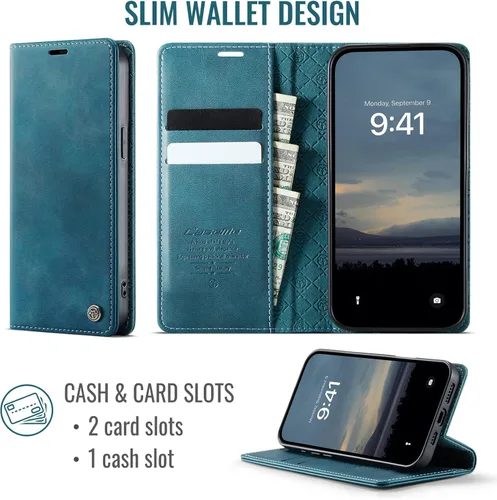 Miniatura 3 de Funda tipo cartera para iPhone 13 de piel tipo cartera con tarjetero y función atril, cierre magnético, bloqueo RFID, TPU a prueba de golpes