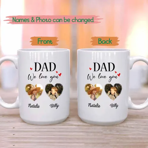Miniatura 2 de Marco de fotos personalizado para niños, taza de café de regalo para papá y papá, taza de café blanca con texto en inglés "Dad We Love You", taza