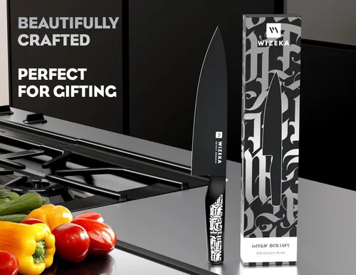 Miniatura 6 de WIZEKA Cuchillo de cocinero: 8 pulgadas: Cuchillo de cocina extremadamente afilado: acero inoxidable de alto carbono de espiga completa: cuchillo