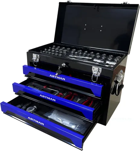 Caja de herramientas que incluye 439 piezas de kit de herramientas mecánicas, 4 cajones de alta capacidad, organizador de almacenamiento de Azul