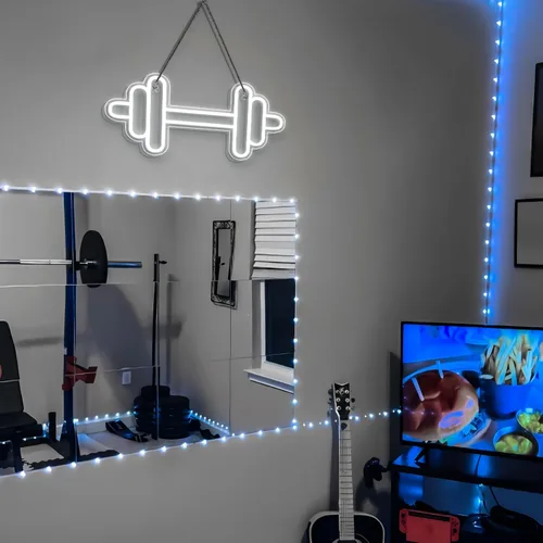 Miniatura 7 de Letrero de neón de gimnasio Lucunstar en forma de barra y mancuerna Luces de neón blancas pegatinas de pared para gimnasio para decoración de club