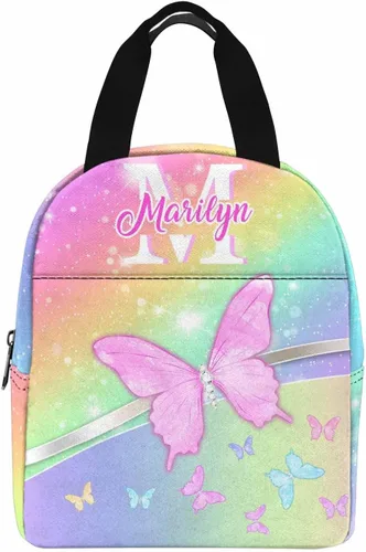 Miniatura 26 de InterestPrint Bolsa de almuerzo con nombre personalizado para hombres y mujeres, diseño de mariposa rosa y azul personalizada, caja de almuerzo