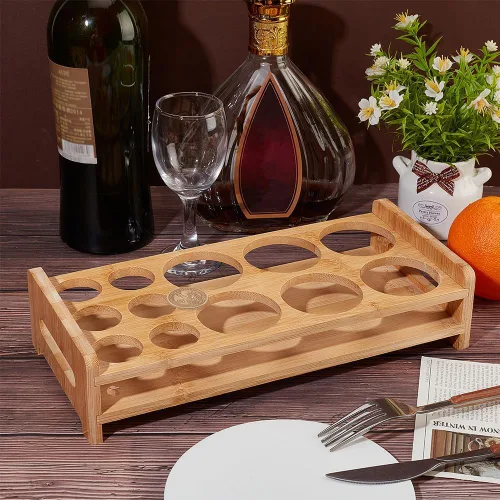 Miniatura 4 de NBEADS Soporte para 12 bandejas de vidrio de chupito, estante de madera de bambú para copas de vino de cerveza, estante organizador de copas