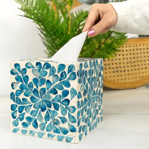 Miniatura 3 de Funda para caja de pañuelos – Mosaico de madreperla incrustada caja de pañuelos – Cubierta cuadrada de 5.9 x 5.9 x 5.9 pulgadas – Decoración