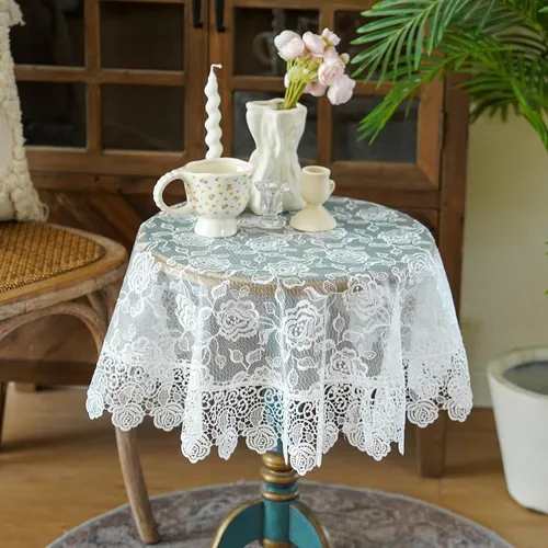 Miniatura 8 de SUTAVIA Mantel redondo de encaje con flores doradas de rosa, cubierta de mesa de café clásica a prueba de polvo, protector de mesa para comedor