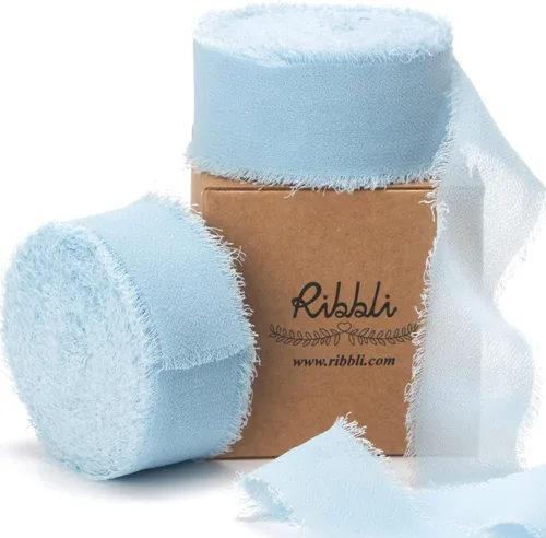 Miniatura 35 de Ribbli Cinta de Gasa Azul Marino Profundo de 1-1/2 pulgadas x 20 Yardas Cinta de Seda de Gasa con Flecos Hecha a Mano, Cinta Azul para Invitaciones