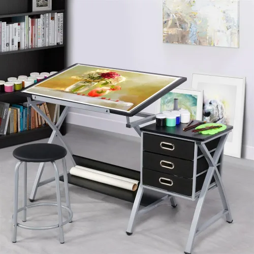 Yaheetech Escritorio de dibujo, mesa de dibujo para artistas/adultos, escritorio de arte con taburete y 3 cajones deslizantes, estación de trabajo
