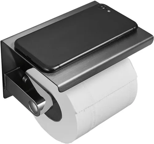 Soporte de papel higiénico de un solo rollo con estante para teléfono, dispensador de pañuelos de acero inoxidable montado en la pared para baño