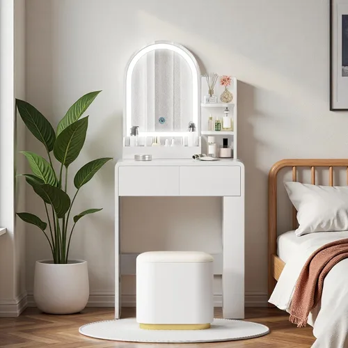 Miniatura 8 de Vanity, pequeño escritorio de tocador con espejo y luces, espacio de almacenamiento con estante lateral, tocador compacto para niñas
