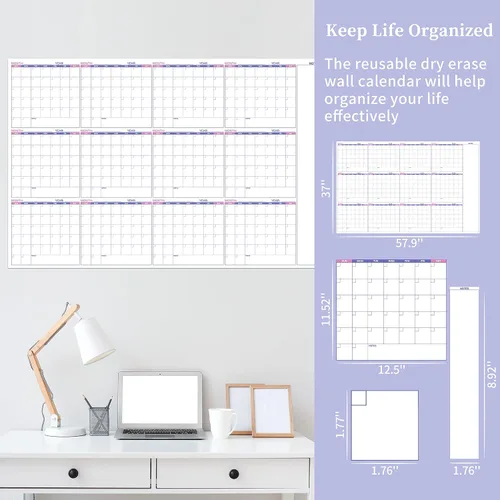 Miniatura 7 de Calendario grande de pared para borrar en seco – Calendario de pared anual sin fecha, 37" x 58", Calendario de pared laminado borrable