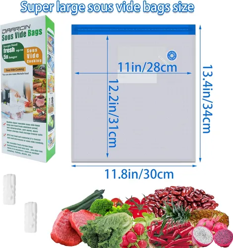 Miniatura 7 de Juego de 15 bolsas supergrandes para Sous Vide, bolsas selladoras al vacío reutilizables sin BPA y 2 clips de sellado para almacenamiento