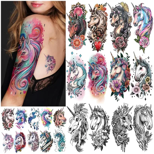Miniatura 9 de 77 hojas de tatuajes temporales para hombres y mujeres, 17 hojas de tatuajes falsos de medio brazo, pecho y hombro, 60 hojas de tatuajes negros