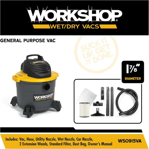 Miniatura 2 de WORKSHOP Wet/Dry Vacs Shop Vacuum WS0915VA - Aspiradora de uso general en seco y húmedo de 9 galones, 4.25 Pico HP con filtro, bolsa para polvo