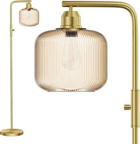 Miniatura 8 de Lámpara de pie de cristal para sala de estar, moderna lámpara de pie con pantalla de vidrio acanalado verde e interruptor de pedal, lámpara de pie