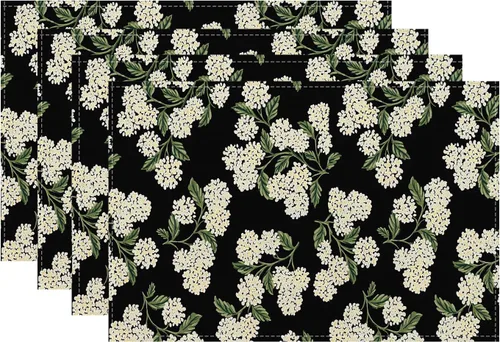 Juego de 4 manteles individuales de primavera, 12 x 18 pulgadas, color negro, beige, hortensia, floral, decoración de verano, manteles individuales
