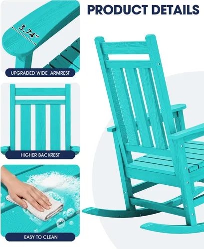 Miniatura 8 de Mecedora de exterior KINGYES, Mecedoras de patio para todo clima para porche, Sillas mecedoras de exterior de HDPE con respaldo alto para adultos