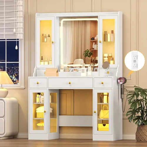Miniatura 19 de Wodeer Pequeño escritorio de maquillaje con espejo y luces, tocador con armario de cristal, luces LED y toma de corriente, cajón y gabinetes