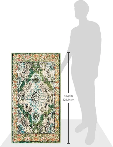 Miniatura 2 de Safavieh Tapete decorativo de 2 pies 2 pulgadas x 4 pies de la colección Monaco, verde y celeste, diseño desgastado de medallón, no desprende