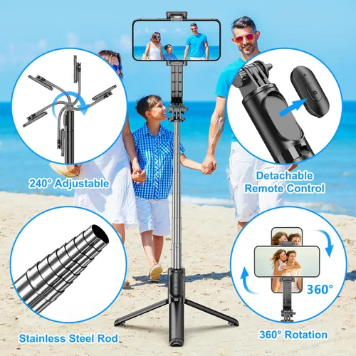 Miniatura 2 de SelfieShow Selfie Stick, Palo de Selfie Extensible con Trípode, Control Remoto Inalámbrico y Soporte de Trípode, Portátil, Ligero, Compatible
